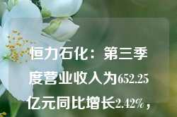 恒力石化：第三季度营业收入为652.25亿元同比增长2.42%，净利润为10.87亿元